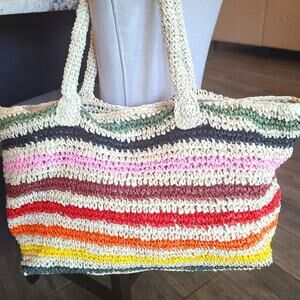 Bloomingdales Aqua Rainbow Straw/Paper/Linen Beach XLarge Tote Bag New $128